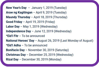 National Regular Holidays 2019
