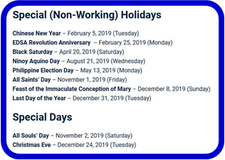 Special Holidays 2019